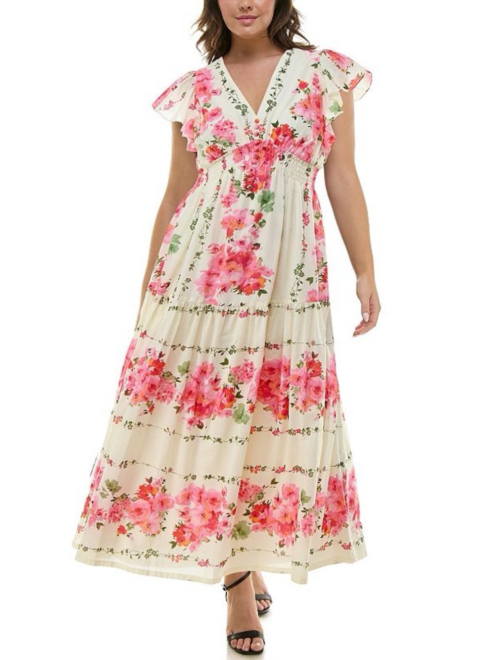TAYLOR Cream Maxi Dress with Pink Floral Print 100% cotton